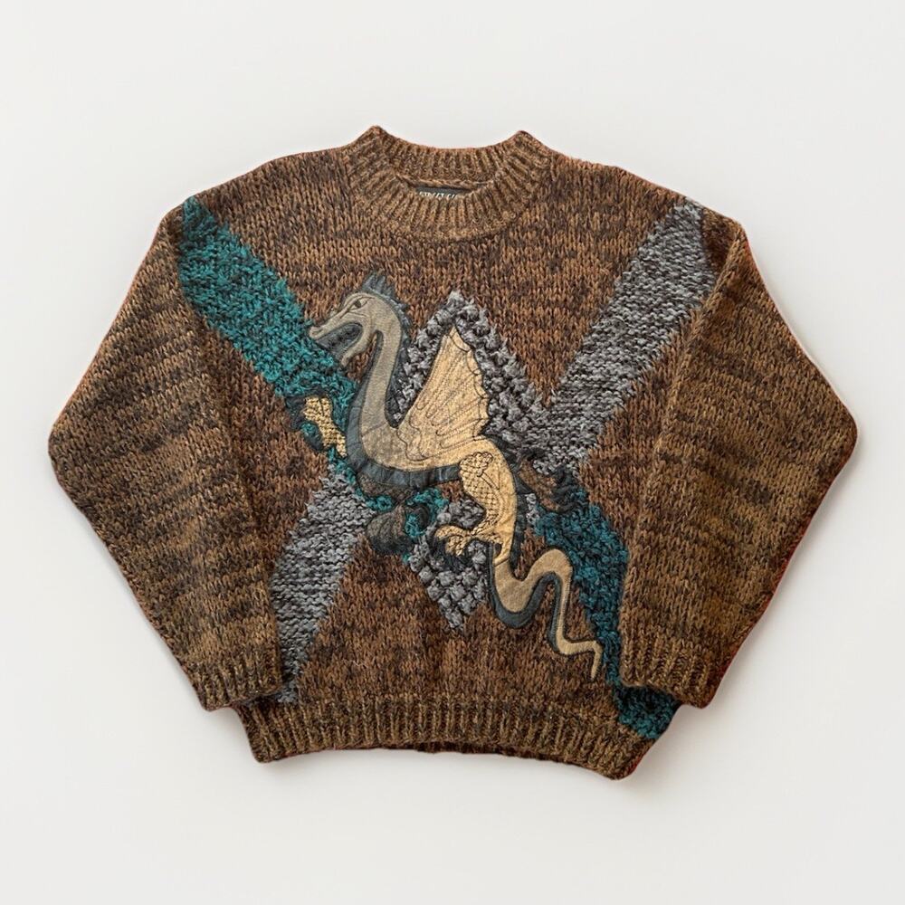 Vtg 90s Street Scenes Dragon Sweater Leather Men's Size Medium Chunky Knit Brown